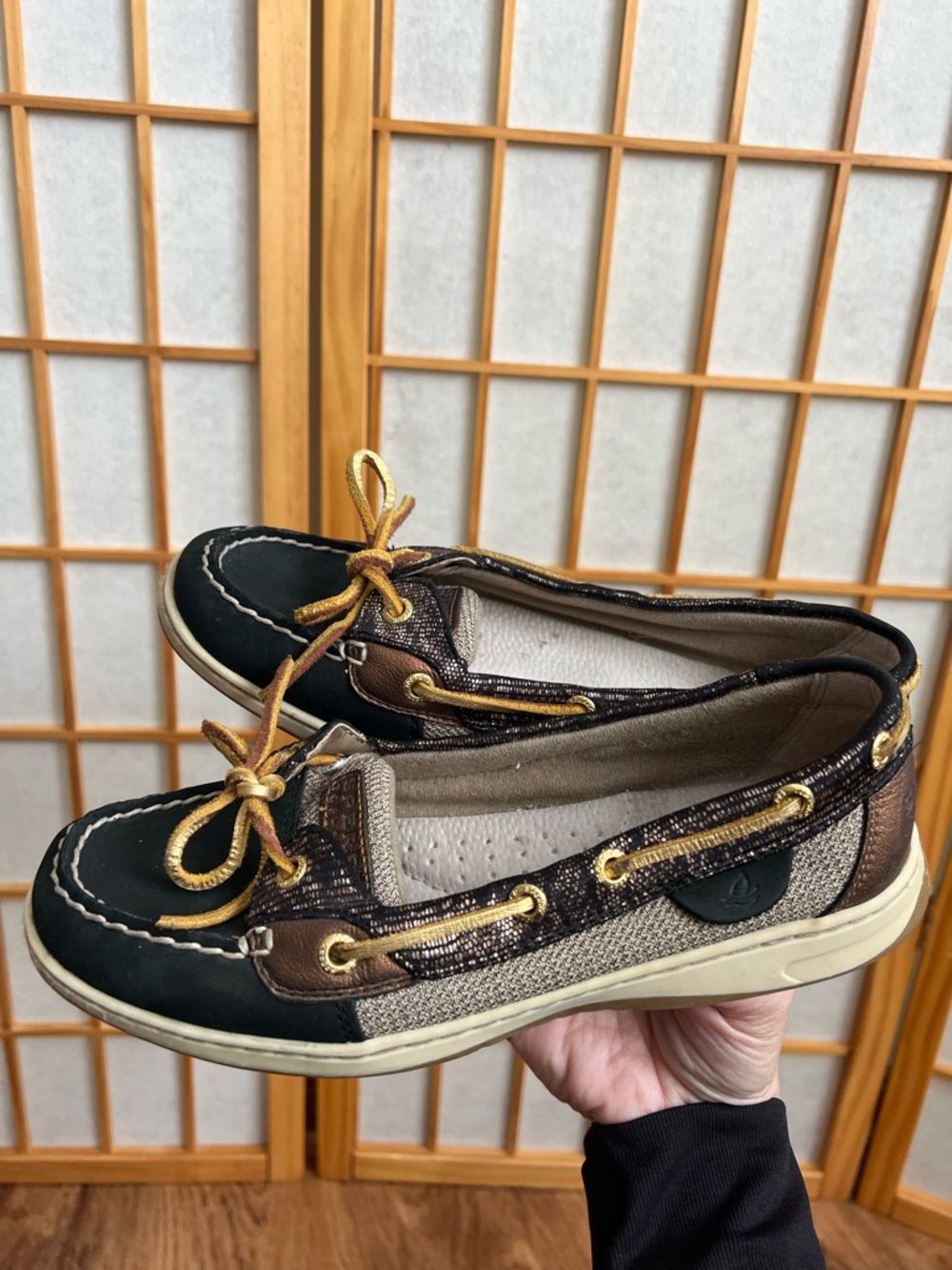 Sperry TopSider Boat Shoes Women 7.5M Black Brown Metallic Leather Lace Up Flats - Picture 4 of 13